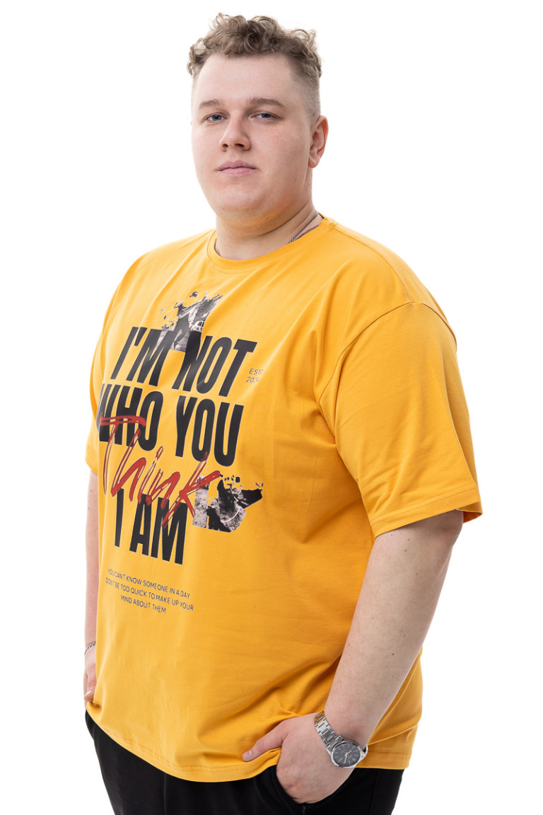 Футболка великого розміру з принтом «I'M NOT WHO YOU THINK I AM» Big Team, жовта